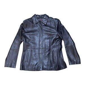 Gallery Womens Black Genuine Leather Jacket Large Fitted Pockets Collar Biker